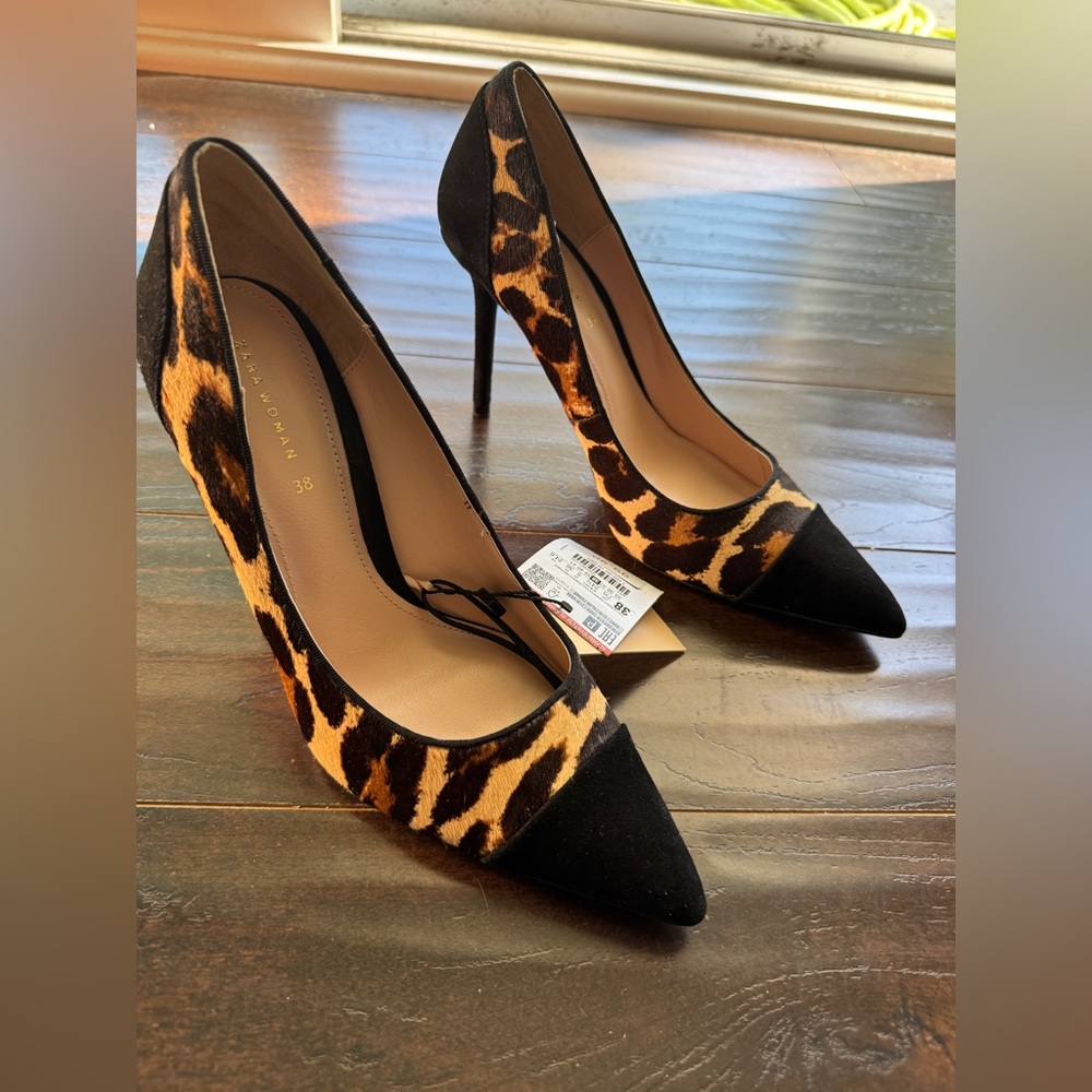 Zara Leopard Haircalf Suede Cap Toe Pointed Pumps EU 38 US 7.5 NWT